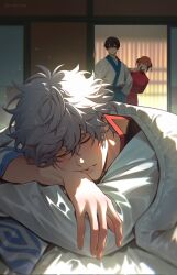  1girl 2boys black_hair blanket chinese_clothes closed_eyes gintama glasses grey_hair hair_ornament highres japanese_clothes kagura_(gintama) kimono multiple_boys red_hair sakata_gintoki shimura_shinpachi short_hair sleeping weyowang white_hair white_kimono 
