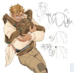  1boy 1other absurdres alien beard beard_stubble blonde_hair bubakiis casual facial_hair highres hug messy_hair project_hail_mary rocky_(project_hail_mary) ryland_grace stubble 