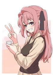  1girl absurdres aki_shiki black_ribbon black_vest blue_eyes brown_dress choko_(cup) commentary cup dress grin hair_intakes hair_ribbon highres holding holding_cup kamiina_botan kamiina_botan_yoeru_sugata_wa_yuri_no_hana pink_background pink_hair ribbon smile solo two-tone_background two_side_up upper_body v vest white_background 