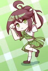  absurdres ahoge brown_hair brown_shoes commentary_request goto_akira green_eyes green_jacket green_skirt highres ikizulive!_love_live!_bluebird jacket loafers love_live! ponytail shirt shoes sivematsu skirt socks white_shirt white_socks 
