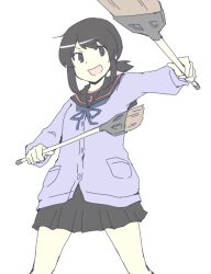  1girl :d akara_kai anchor_symbol black_eyes black_hair black_sailor_collar black_skirt blue_neckerchief broom cardigan commentary_request feet_out_of_frame fubuki_(kancolle) fubuki_kai_ni_(kancolle) hair_between_eyes holding holding_broom kantai_collection long_sleeves looking_at_viewer low_ponytail miniskirt neckerchief open_mouth pleated_skirt ponytail purple_cardigan sailor_collar sidelocks simple_background skirt smile solo standing white_background 