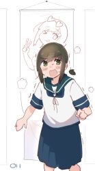  1girl angry blue_neckerchief blue_skirt blush brown_hair character_print commentary_request ear_blush feet_out_of_frame fubuki_(kancolle) green_eyes green_sailor_collar highres kantai_collection looking_at_viewer low_ponytail ma_rukan medium_hair naturally_detached_hair neckerchief open_mouth pleated_skirt ponytail sailor_collar school_uniform self_character_print serafuku shaking shirt short_sleeves sidelocks signature skirt solo standing sweat tapestry white_shirt 