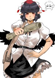  1girl akachan0219 bag belt black_hair black_skirt black_wings blunt_bangs blush breasts commentary frills giving hand_on_own_hip hat highres holding holding_newspaper looking_at_viewer medium_breasts medium_hair newspaper parted_lips pointy_ears pom_pom_(clothes) red_eyes shameimaru_aya shirt shoulder_bag skirt solo tokin_hat touhou white_background white_shirt wings 