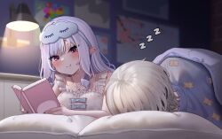  1boy 1girl blush book closed_mouth commentary_request grey_hair head_on_pillow highres holding holding_book indoors ine_(ineinnen) lamp long_hair lying mask mask_on_head mole mole_under_eye on_side on_stomach open_book pajamas pillow pointy_ears purple_hair reading red_eyes short_hair sleep_mask sleeping smile under_covers vivian_banshee wise_(zenless_zone_zero) zenless_zone_zero zzz 