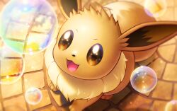  animal_focus brown_eyes brown_fur bubble commentary_request eevee no_humans open_mouth pokemon pokemon_(creature) pokemon_focus saito_emu smile tail 