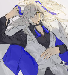  1boy black_choker black_pants black_shirt blue_ribbon choker commentary_request hair_over_one_eye hair_ribbon high_ponytail highres honkai:_star_rail honkai_(series) hue_hsr jacket jacket_on_shoulders jing_yuan jing_yuan_(chapanda) korean_commentary long_hair long_sleeves lying male_focus mole mole_under_eye official_alternate_costume on_back pants ponytail ribbon shirt solo tassel vest white_hair white_jacket white_vest yellow_eyes 