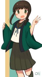  1girl absurdres anchor_symbol artist_logo black_hair black_sailor_collar black_skirt blue_neckerchief blush_stickers brown_eyes commentary_request cowboy_shot fubuki_(kancolle) fubuki_kai_ni_(kancolle) happi highres japanese_clothes kantai_collection logo long_hair looking_at_viewer low_ponytail ma_rukan neckerchief no_nose open_mouth pleated_skirt ponytail sailor_collar school_uniform serafuku short_ponytail sidelocks skirt smile solo 