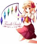  ascot bad_id blonde_hair character_name dress flandre_scarlet hat jumping midriff rairateru red_dress red_eyes skirt solo the_embodiment_of_scarlet_devil touhou vampire wings 