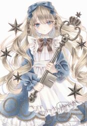  1girl absurdres alice's_adventures_in_wonderland alice_(alice_in_wonderland) apron blonde_hair blue_bow blue_dress blue_eyes bow bowtie brooch brown_bow brown_bowtie closed_mouth commentary_request constellation_print crown dress expressionless frilled_apron frills hair_bow hair_ornament highres holding holding_key jewelry key long_hair long_sleeves looking_at_viewer marker_(medium) medium_dress oversized_object parted_bangs paruno petticoat print_bow print_dress puffy_long_sleeves puffy_sleeves sidelocks simple_background solo star_(symbol) star_hair_ornament starry_sky_print tassel tassel_hair_ornament traditional_media very_long_hair watermark wavy_hair white_apron white_background 