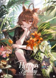  1girl :3 :d :o agnes_tachyon_(umamusume) ahoge alternate_costume animal_ears birthday black_pajamas brown_hair bud cake cake_slice calla_lily chair champagne_flute chibi commentary_request cup cupcake dantsu_flame_(umamusume) dress drinking_glass ear_covers fang flower foliage food grin hair_ornament hairclip happy_birthday head_on_hand highres holding holding_cup horse_ears jungle_pocket_(umamusume) leaf lily_(flower) looking_at_viewer manhattan_cafe_(umamusume) notched_ear orange_flower orchid pajamas plant red_eyes short_hair sitting smile solo tiger_lily umamusume welchino white_flower wine_glass yellow_eyes 