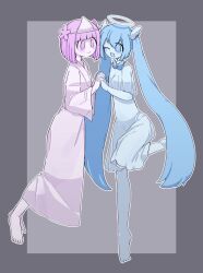  2girls ;d agpgwm angel angel_wings barefoot blue_bow blue_bowtie blue_dress blue_eyes blue_hair blue_halo blue_skin blunt_bangs blush bob_cut bow bowtie closed_mouth colored_skin double-parted_bangs dress flower ghost_girl grey_background hair_between_eyes hair_flower hair_ornament halo hatsune_miku head_wings highres japanese_clothes kimono light_smile long_hair looking_at_another multiple_girls one_eye_closed open_mouth pink_eyes pink_flower pink_hair pink_kimono pink_skin rakuraku_anrakushi_(vocaloid) shiroshouzoku short_hair smile standing standing_on_one_leg triangular_headpiece twintails very_long_hair vocaloid vy1 wings 