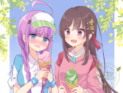  2girls :d @_@ absurdres ahoge blue_background blue_eyes blush braid brown_hair clover_hair_ornament collared_shirt commentary_request date_akari embarrassed flower food furrowed_brow hair_ornament hairclip haru_meguru heaven_burns_red highres holding holding_ice_cream_cone huge_ahoge ice_cream ice_cream_cone indirect_kiss japanese_clothes kimono long_hair long_sleeves looking_at_another looking_at_food low_twin_braids multiple_girls nikaidou_misato nose_blush open_mouth own_hands_together parallel_hairclips partial_commentary pink_kimono purple_hair shirt short_sleeves simple_background smile story_in_commentary straight_hair sweatdrop tassel tassel_hair_ornament twin_braids upper_body violet_eyes visor_cap watermark wavy_mouth white_shirt yellow_flower yuri 