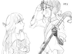  2girls adjusting_eyewear blush book closed_mouth commentary_request dress elbow_gloves eye_contact eyewear_on_head from_side gloves greyscale holding holding_book holding_sword holding_weapon itomugi-kun long_hair long_sleeves looking_at_another monochrome multiple_girls nekoyashiki_mayu nekoyashiki_yuki open_book precure profile shirt short_sleeves siblings simple_background single_glove sisters sweatdrop sword upper_body weapon white_background wonderful_precure! 