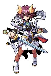  1girl black_shirt brown_pantyhose capelet closed_mouth earrings gold_horns gold_trim hagoromo hair_between_eyes harakawa_mitsuhiro holding holding_sword holding_weapon jewelry multicolored_shirt necklace official_art pantyhose pink_hair pointy_ears purple_trim shawl sheath shinrabanshou shion_(shinrabanshou) shirt shoes short_hair skirt solo sword third-party_source transparent_background weapon white_shirt white_shoes white_skirt 