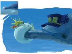  animalization attack black_hat blonde_hair blood blood_from_mouth commentary_request derivative_work dio_brando dolphin hat highres jojo_no_kimyou_na_bouken kujo_jotaro kurounmo831 no_humans ocean photo-referenced photo_inset pufferfish spitting spitting_blood stardust_crusaders underwater 