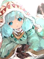 1girl blue_eyes blue_hair blush boots brown_gloves dress gloves green_robe hat highres knit_hat long_hair pom_pom_(clothes) robe rune_master_(sekaiju) rune_master_2_(sekaiju) sekaiju_no_meikyuu sekaiju_no_meikyuu_4 solo tsutsugano 