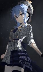  1girl absurdres ascot beret black_background blue_ascot blue_eyes blue_hair buttons collared_shirt crown double-breasted double-parted_bangs frilled_skirt frills gradient_background grey_hat grey_jacket grey_skirt hair_between_eyes hat highres hololive hoshimachi_suisei hoshimachi_suisei_(1st_costume) jacket looking_at_viewer medium_hair mini_crown miniskirt plaid_clothes plaid_hat plaid_jacket plaid_skirt pleated_skirt shirt sidelocks simple_background skirt skirt_set sleeve_cuffs solo star_(symbol) star_in_eye symbol_in_eye thomas_8000 three-quarter_sleeves virtual_youtuber white_shirt 