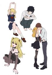  1boy 1girl absurdres black_boots black_dress black_hair black_nails black_shoes blonde_hair boots bow character_request check_copyright commentary copyright_request cross death_note dress grey_sleeves hetero highres kiss long_hair mika_030 necktie pants red_bow red_necktie school_uniform shoes simple_background sitting skirt thigh-highs two_side_up white_background 