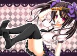  black_hair black_legwear black_thighhighs blush bow cellphone cellphone_camera checkered checkered_skirt hair_bow hand_on_own_face hand_to_face harukaruha himekaidou_hatate long_hair necktie open_mouth phone pink_eyes red_eyes shirt skirt smile solo thigh-highs thighhighs touhou twintails upskirt white_shirt 