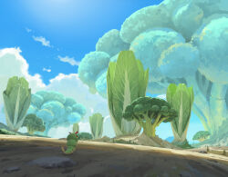  absurdres blue_sky broccoli caterpie clouds commentary cumulonimbus_cloud day english_commentary highres landscape lettuce no_humans oversized_food oversized_object pokemon pokemon_(creature) rock scenery sin_jonghun sky tree 