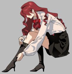  1girl black_skirt boots highres kirijou_mitsuru long_hair persona persona_3 persona_3_reload pleated_skirt red_hair school_uniform skirt solo thigh_boots very_long_hair xoixoi_empty 