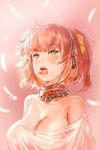  bow_(artist) bow_(bhp) breasts bust cleavage earphones face feathers green_eyes microphone open_mouth original ponytail red_hair redhead short_hair solo tongue 