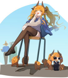  1girl 2others black_suit black_thighhighs blonde_hair blue_jacket blue_neckerchief blue_skirt bodyguard brown_shoes cardigan chair chibi collared_shirt crossed_legs doodle_inset fang grey_cardigan hand_on_own_knee hand_to_own_mouth highres horns humanization jacket jacket_on_shoulders laughing lifting_person loafers long_hair long_sleeves multiple_others neckerchief ojou-sama_pose on_chair open_clothes open_jacket open_mouth pointy_ears school_uniform shirt shoes sitting skin_fang skirt slay_the_spire slay_the_spire_2 star_(symbol) suit sunglasses the_regent_(slay_the_spire) the_silent_(slay_the_spire) thigh-highs thighs twintails very_long_hair white_shirt yellow_eyes 