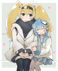  2girls aqua_skirt black_thighhighs blonde_hair blue_eyes blue_hair blue_sailor_collar blush closed_eyes coat commentary_request dixie_cup_hat double_bun fang gambier_bay_(kancolle) hair_between_eyes hair_bun hat highres kantai_collection long_hair long_sleeves ma_rukan military_hat multiple_girls open_mouth pleated_skirt sailor_collar samuel_b._roberts_(kancolle) school_uniform serafuku short_hair signature skin_fang skirt smile thigh-highs twintails white_coat white_hat 