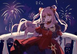  absurdres aerial_fireworks balcony black_collar black_gloves blue_sky bow brown_eyes collar cowboy_shot detached_collar double_bun dress earrings fireworks frilled_collar frilled_dress frilled_gloves frilled_sleeves frills gloves gold_necklace hair_bow hair_bun hair_ribbon highres himawari901 infinity_nikki jewelry light_blush long_hair long_sidelocks looking_at_viewer necklace night nikki_(nikki) nikki_(series) outdoors outstretched_hand pink_hair pleated_dress red_bow red_dress ribbon short_sleeves sidelocks sky square_neckline standing star_(sky) star_(symbol) star_earrings starry_sky threads_of_reunion_(infinity_nikki) very_long_hair wavy_hair yellow_ribbon 