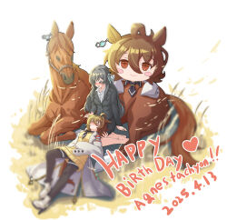  2girls absurdres agnes_tachyon's_trainer agnes_tachyon_(racehorse) agnes_tachyon_(tach-nology)_(umamusume) agnes_tachyon_(umamusume) ahoge animal_ears black_hair black_jacket black_necktie black_pantyhose black_skirt blush brown_hair character_doll character_name chemical_structure closed_mouth coat collared_shirt cork creature_and_personification crying doll doqute_stuffed_doll earrings female_trainer_(umamusume) hair_between_eyes hair_ribbon happy_birthday heart highres horse horse_ears horse_girl horse_tail jacket jewelry lab_coat lap_pillow long_hair long_sleeves lying multiple_girls necktie on_back open_mouth pantyhose personification real_life red_eyes ribbon shirt short_necktie single_earring sitting skirt sleeves_past_fingers sleeves_past_wrists smile sweater sweater_vest tail tears test_tube tks099 trainer_(umamusume) umamusume umamusume:_beginning_of_a_new_era white_coat white_shirt wolf_cut yellow_sweater yellow_sweater_vest yokozuwari 