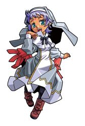 1girl ankle_boots aqua_eyes black_bow black_bowtie black_pantyhose boots bow bowtie brown_boots dark-skinned_female dark_skin dress facial_mark feathered_wings forehead_mark gold_trim grey_dress harakawa_mitsuhiro looking_at_viewer low_wings margarete_(shinrabanshou) medium_hair multicolored_dress nun nun_headdress official_art open_mouth pantyhose purple_hair red_wings shinrabanshou solo teeth third-party_source transparent_background upper_teeth_only veil white_dress wings 