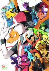  5girls 6+boys agatha_(pokemon) arms_up backpack bag bald baseball_cap black_jacket black_shirt blaine_(pokemon) blastoise breasts brock_(pokemon) brown_hair bruno_(pokemon) charizard clenched_hands closed_mouth commentary_request cowboy_shot crossed_arms erika_(pokemon) facial_hair from_side giovanni_(pokemon) glasses hairband hat high_side_ponytail highres jacket japanese_clothes kimono koga_(pokemon) lance_(pokemon) lapras long_hair lorelei_(pokemon) lt._surge mask medium_breasts misty_(pokemon) mouth_mask multiple_boys multiple_girls mustache necktie ninja old old_woman open_mouth parted_lips pikachu pokemon pokemon_(creature) pokemon_day pokemon_firered_and_leafgreen profile red_(pokemon) red_hat red_vest sabrina_(pokemon) samugohan3658 scarf serious shirt short_hair short_sleeves side_ponytail signature snorlax spiky_hair sunglasses topless_male upper_body venusaur vest wristband 
