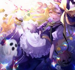  1girl absurdres alternate_eye_color apron black_gloves black_hat black_skirt black_vest blonde_hair bow braid broom broom_riding candy commentary english_commentary food food_request gagaku_kawa_rei ghost gloves halloween halloween_bucket hat hat_bow heterochromia highres holding holding_candy holding_food holding_lollipop jack-o'-lantern kirisame_marisa lollipop long_hair open_mouth puffy_short_sleeves puffy_sleeves short_sleeves skirt smile solo swirl_lollipop touhou very_long_hair vest violet_eyes waist_apron witch_hat yellow_bow yellow_eyes 
