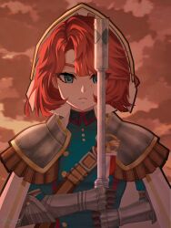  1girl absurdres armor blue_eyes blue_jacket buttons cape clouds cloudy_sky club_(weapon) double-breasted gauntlets hat highres holding holding_club holding_weapon jacket looking_at_viewer marsha_(reverse:1999) mole mole_under_eye red_hair red_sky reverse:1999 roxs_(roxss29) short_hair shoulder_armor sky solo straight-on two-handed upper_body weapon white_cape white_hat 