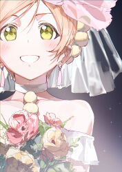  1girl absurdres bare_shoulders bouquet choker commentary_request dress earrings flower green_eyes grin highres holding holding_bouquet hoshizora_rin inazuma_(elect_line) jewelry love_live! love_live!_school_idol_project love_wing_bell official_alternate_costume orange_hair red_flower short_hair smile solo wedding_dress white_choker white_dress yellow_flower 