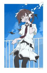  1girl against_railing belt belt_collar border brown_eyes brown_hair cigarette collar commentary_request cross cross_print dress hair_between_eyes hair_ornament hairclip highres holding holding_cigarette long_hair minakami_yuki necktie parallel_hairclips ponytail print_necktie railing school_uniform shirt sky smoke smoking solo subarashiki_hibi white_dress white_shirt yang_miemie_benti 