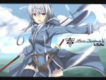  black_thighhighs cloud clouds halberd kurifuto military military_uniform open_mouth pixiv_fantasia pixiv_fantasia_5 polearm red_eyes silver_hair sky solo thigh-highs thighhighs uniform weapon 