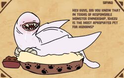  commentary dragon english_commentary english_text khezu long_neck monster monster_focus monster_hunter_(series) no_eyes no_humans open_mouth paw_print pet_bed pet_food sharp_teeth sifyro simple_background solo teeth wyvern 