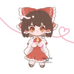  1girl :< ascot blush bow brown_eyes brown_hair chibi chibi_only commentary detached_sleeves frilled_bow frilled_hair_tubes frills hair_bow hair_tubes hakurei_reimu heart heart_of_string highres implied_yuri long_hair red_bow red_skirt ribbon-trimmed_sleeves ribbon_trim skirt skirt_set solo touhou twitter_username uzuki_(amayadori) watermark yellow_ascot 
