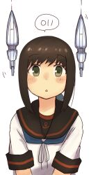  1girl absurdres anchor_symbol black_sailor_collar blush brown_hair commentary_request fubuki_(kancolle) fubuki_kai_ni_(kancolle) green_eyes headgear highres kantai_collection ma_rukan motion_lines parted_lips ponytail sailor_collar school_uniform serafuku short_hair short_ponytail short_sleeves signature simple_background solo upper_body white_background 