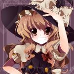  bad_id blonde_hair braid brown_eyes bust gotou_nao grin hand_on_hat hand_on_hip hat highres hips kirisame_marisa lucie rairateru smile solo touhou witch witch_hat 