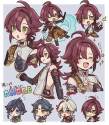  4boys :o ;d ahoge bare_shoulders black_sleeves border braid chibi closed_mouth commentary_request corn_kuten cropped_torso detached_sleeves double-parted_bangs genshin_impact green_eyes green_streaks grey_background hair_between_eyes kaedehara_kazuha long_hair long_sleeves male_focus multicolored_hair multiple_boys one_eye_closed open_mouth outside_border red_eyes red_hair shikanoin_heizou shirt sideless_shirt simple_background smile star_(symbol) streaked_hair translation_request twin_braids venti_(genshin_impact) white_border white_shirt xiao_(genshin_impact) 