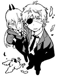  1boy 1girl bird bucky_(chainsaw_man) chainsaw_man chicken cross-shaped_pupils demon_girl demon_horns denji_(chainsaw_man) eyepatch greyscale hair_between_eyes highres horns jacket long_hair monochrome necktie nemaki_haru pants pout power_(chainsaw_man) short_hair standing suit_jacket symbol-shaped_pupils 