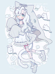  1girl :3 :d absurdres bandaged_leg bandages bare_shoulders blue_eyes blue_hair blue_ribbon blush_stickers bow braid candy commentary_request detached_sleeves dress food footwear_bow full_body ghost grey_dress grey_shoes grey_sleeves grid_background hair_ribbon halloween hands_up highres lollipop long_hair long_sleeves looking_at_viewer multiple_tails niyu_(nennenkorori3) open_mouth original outline ribbon shoes single_braid sleeveless sleeveless_dress sleeves_past_fingers sleeves_past_wrists smile socks solo standing standing_on_one_leg swirl_lollipop tail trick_or_treat two_tails white_background white_bow white_outline white_ribbon white_socks 