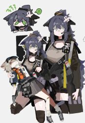  2girls absurdres almond_(arknights) animal_ear_fluff animal_ears arknights black_jacket blood blood_on_face blue_jay cat_ears cat_girl crying crying_with_eyes_open earphones green_eyes grey_shirt highres jacket jessica_(arknights) jessica_the_liberated_(arknights) looking_at_another microphone multiple_girls multiple_views odmised open_clothes open_jacket shirt standing tears white_background 