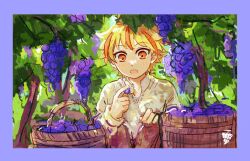  1boy aged_down arm_up basket blonde_hair border brown_pants child collared_shirt commentary dot_nose fate/strange_fake fate_(series) food fruit fruit_tree grapes holding holding_food holding_fruit long_sleeves looking_at_hand male_focus multicolored_hair open_collar open_mouth orizu_lm outdoors pants red_eyes red_hair richard_i_(fate) shirt sitting sketch streaked_hair tree untranslatable_commentary white_shirt 
