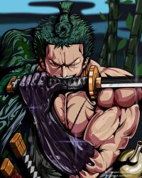  1boy artist_name earrings facebook_logo facebook_username green_hair highres holding holding_sword holding_weapon instagram_logo instagram_username jewelry katana law092 looking_at_viewer male_focus mouth_hold official_alternate_hairstyle one_eye_closed one_piece red_eyes roronoa_zoro scar scar_across_eye scar_on_chest scar_on_face short_hair single_earring smile solo sword teeth topknot topless_male weapon web_address 