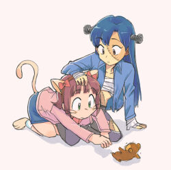  2girls amami_haruka animal animal_ear_hairband animal_ears animal_hands bandaged_hand bandages blue_hair blue_jacket brown_hair cat_ear_hairband cat_ears cat_paws cat_tail chest_sarashi commentary_request fake_animal_ears frankenstein's_monster_costume gloves green_eyes grey_pants hairband idolmaster idolmaster_(classic) jacket kisaragi_chihaya long_hair long_sleeves mouse_(animal) multiple_girls object_through_head pants paw_gloves pink_jacket sarashi screw_in_head short_hair simple_background stitched_face stitches tail torn_clothes torn_pants tsubobot whiskers white_background 
