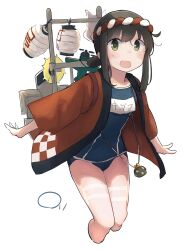  1girl :d absurdres adapted_costume aircraft airplane black_hair black_one-piece_swimsuit blush brown_eyes checkered_happi commentary_request covered_navel cowboy_shot cropped_legs enemy_lifebuoy_(kancolle) fox_mask fubuki_(festival)_(kancolle) fubuki_(kancolle) fubuki_kai_ni_(kancolle) hachimaki happi headband highres japanese_clothes kantai_collection kouhaku_nawa lantern low_ponytail ma_rukan mask name_tag nejiri_hachimaki old_school_swimsuit one-piece_swimsuit paper_lantern ponytail red_shirt rigging rope school_swimsuit shimenawa shirt short_ponytail simple_background smile smokestack solo swimsuit swimsuit_under_clothes toy white_background 