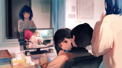  1boy 3girls absurdres ahoge black_hair blonde_hair blue_eyes blue_hair blush bocchi_the_rock! book brown_eyes closed_mouth commentary_request computer_keyboard gotoh_hitori highres indoors jacket kasugano_sora long_hair looking_at_another make_heroine_ga_oo_sugiru! medium_hair mirror monitor multiple_girls nukumizu_kaju nukumizu_kazuhiko open_clothes open_jacket shirt sklt_(swyt8223) speaker stuffed_toy surprised tissue_box used_tissue very_long_hair white_jacket white_shirt window yanami_anna yosuga_no_sora 